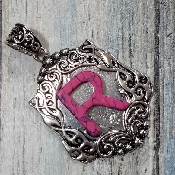 Silver and Pink "R" Initial Pendant - Picture 6 of 6